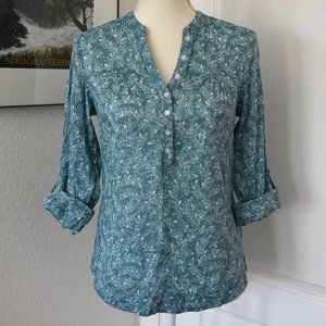 Eddie Bauer Women's Floral Teal White Cotton Top XS